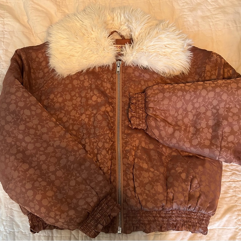 Free People Floral Bomber Jacket w/ Faux Fur Collar- Romantic Boho- Size XS